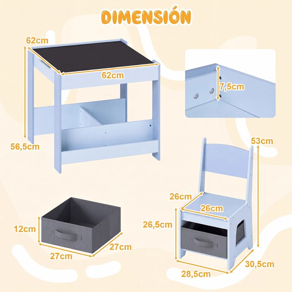Conjunto de Mesa e Cadeiras Infantis, 62 x 62 x 56,5 cm, Tampo Reversível, Azul