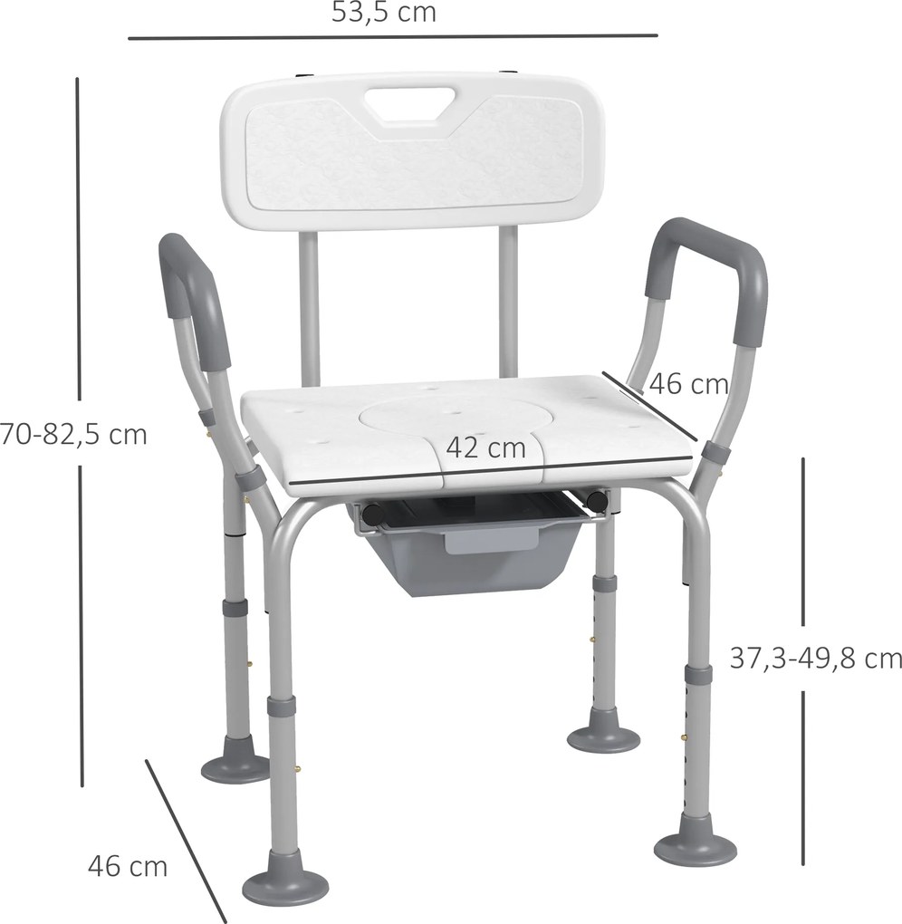 Cadeira de duche com orifício para sanita, balde, altura ajustável, pés antiderrapantes, carga máxima de 136 kg, em alumínio e HDPE branco