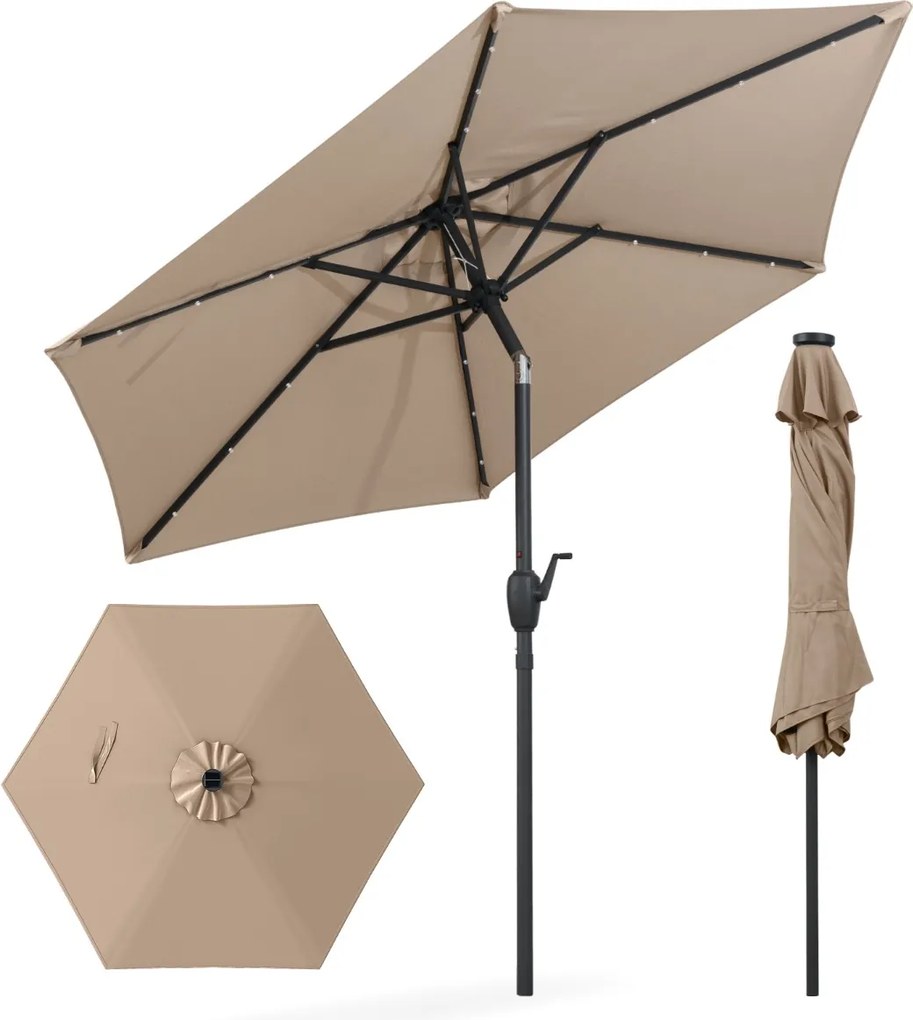 Guarda-sol LED com luzes LED Solares Sistema de inclinação com botão 230 x 230 x 225 cm Castanho Claro