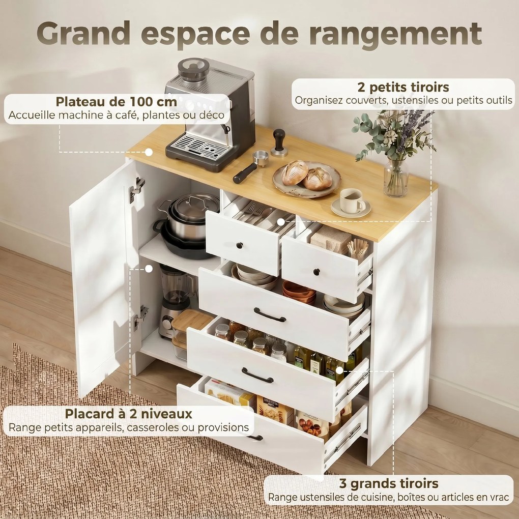 Aparador de cozinha 100 x 40 x 94 cm, móvel de arrumação com 5 gavetas e porta, estilo rústico, branco