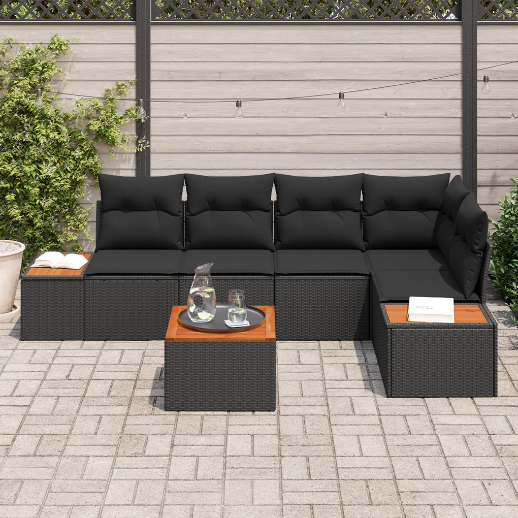 Conjunto de Sofá de Jardim 6 Peças com Almofadas Preto de Rattan Polié