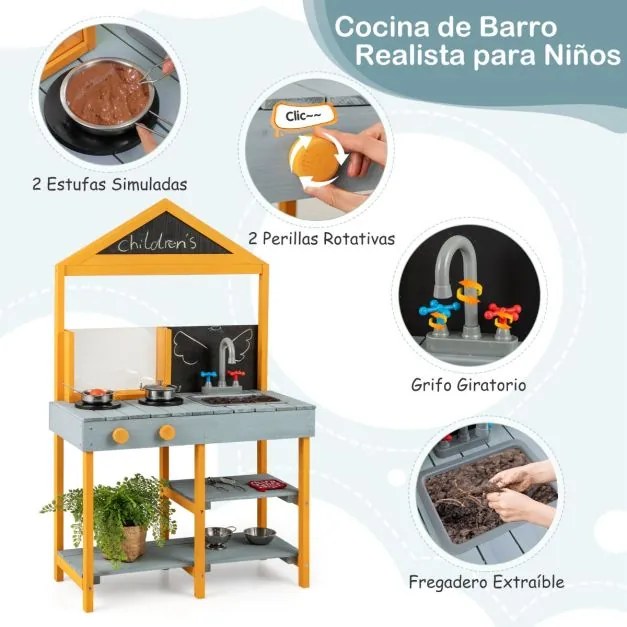 Cozinha Brincar para crianças 3+ anos com Visualizador de raízes Torneira giratória lava-loiça Acessórios de utensílios de ardósia Azul