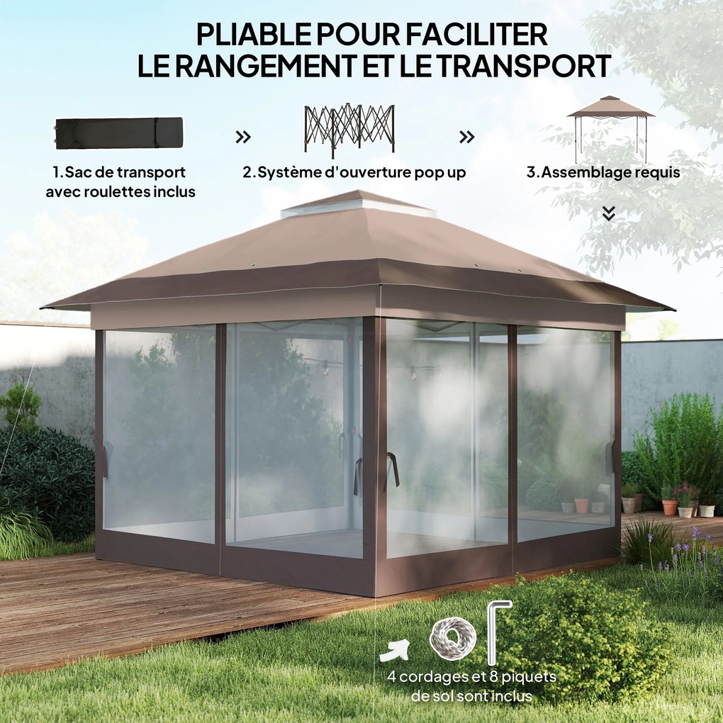Tenda de jardim pop-up 3,64 C x 3,64 L x 2,98 A m dobrável em aço e poliéster com redes mosquiteiras + saco de transporte com rodas em cáqui e castanh