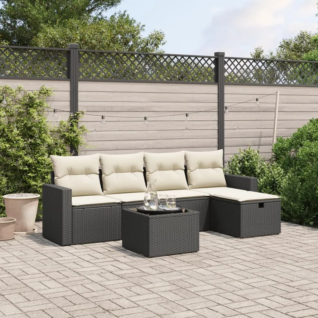 6 pcs conjunto sofás de jardim c/ almofadões vime PE preto