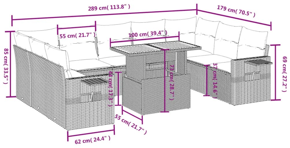 10 pcs conjunto sofás de jardim c/ almofadões vime PE cinzento
