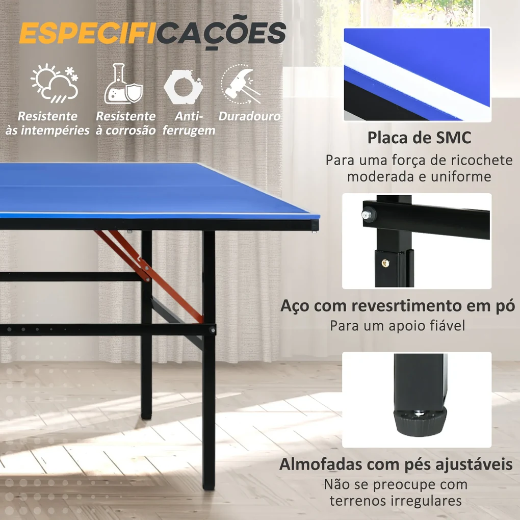 SPORTNOW Mesa de Ping Pong Dobrável com Rodas Mesa de Ping Pong Profissional  para Interior e Exterior Tamanho Padrão com Rede Raquetes e Bolas  274x152,5x76 cm Azul