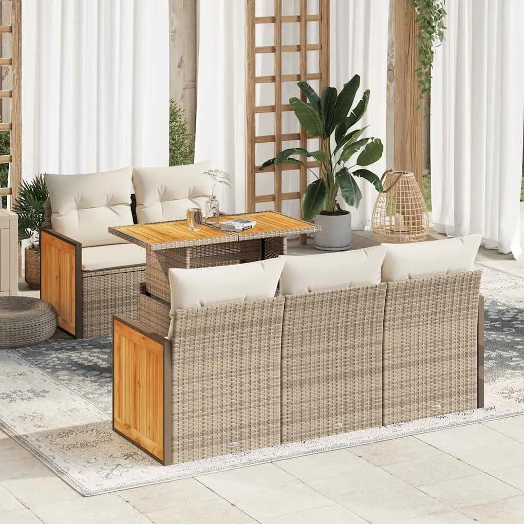 vidaXL 6 pcs conjunto sofás jardim com almofadões vime PE/acácia bege