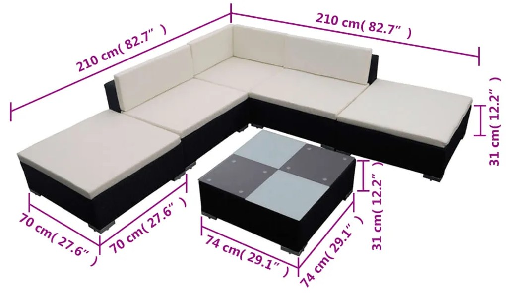6 pcs conjunto lounge de jardim c/ almofadões vime PE preto