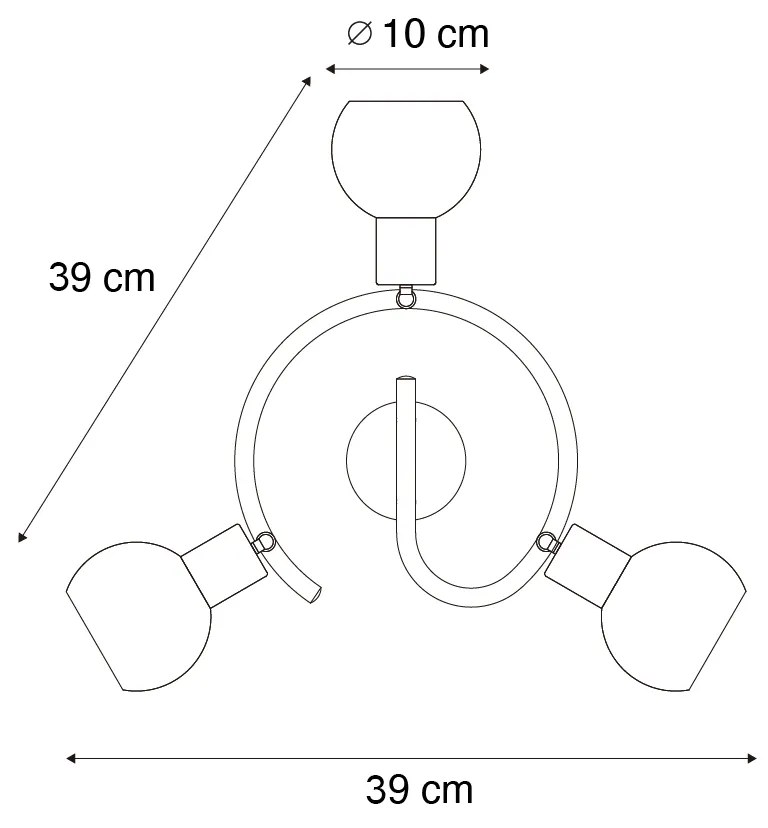 Candeeiro de teto Art Deco preto com vidro fumê 3 luzes redondo - Vidro