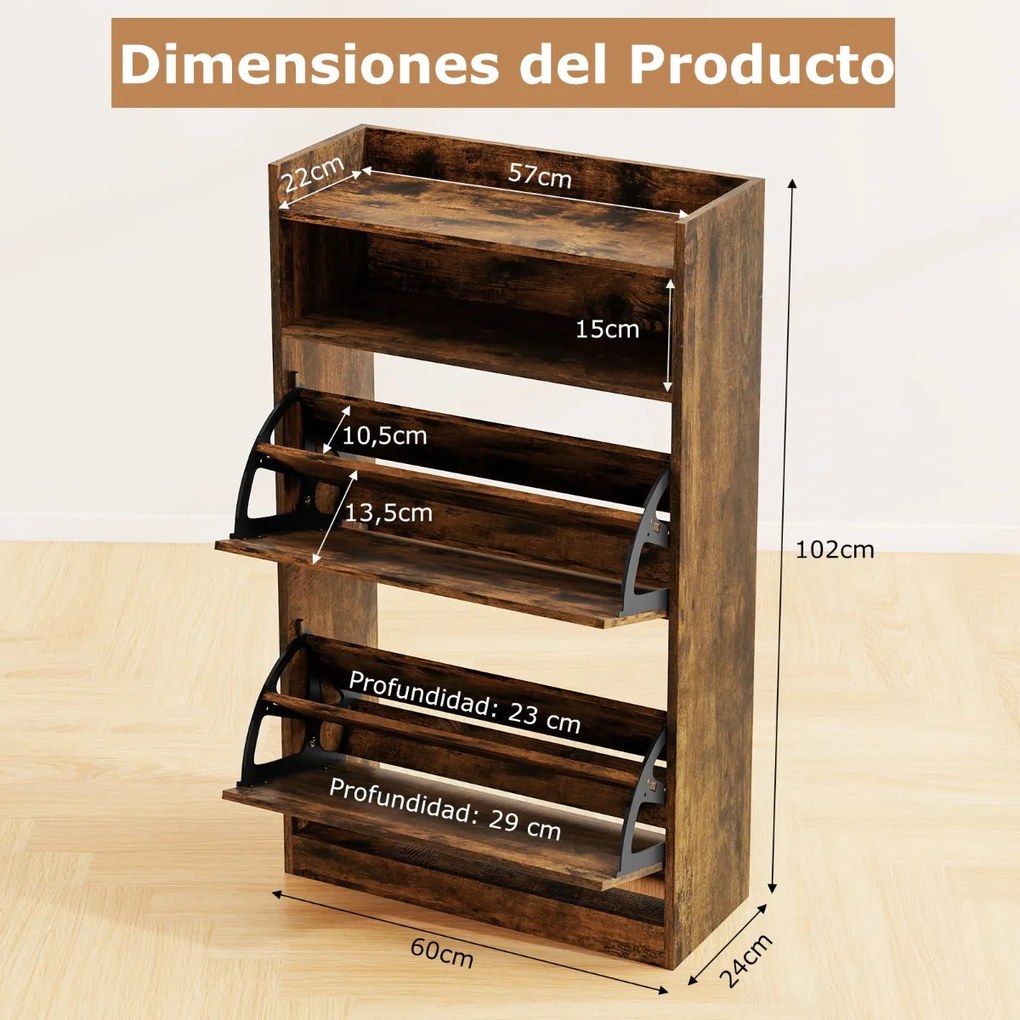 Sapateira 60 x 24 x 102 cm com 2 gavetas rebatíveis e espaço de arrumação aberto para corredor ou sala de estar Castanho
