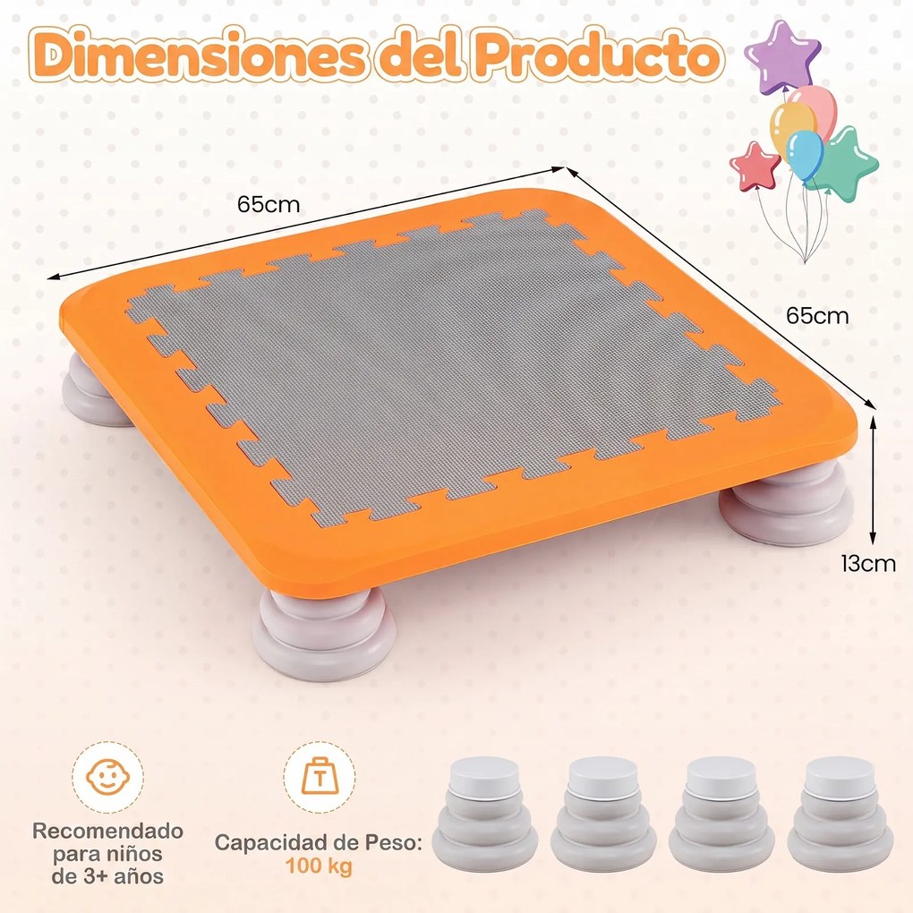 Minitrampolim Infantil, 65 x 65 x 13 cm, Superfície Antiderrapante, Laranja