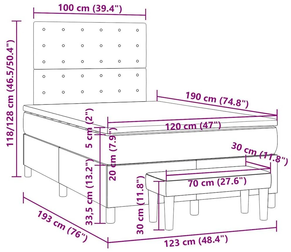 Cama boxspring c/ colchão 120x190cm tecido castanho-acinzentado