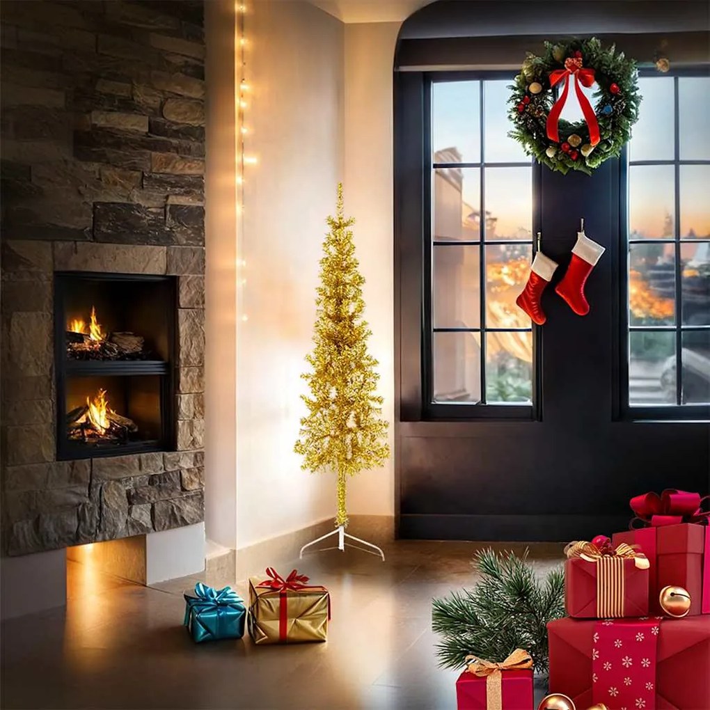Meia árvore de Natal fina com suporte 150 cm dourado