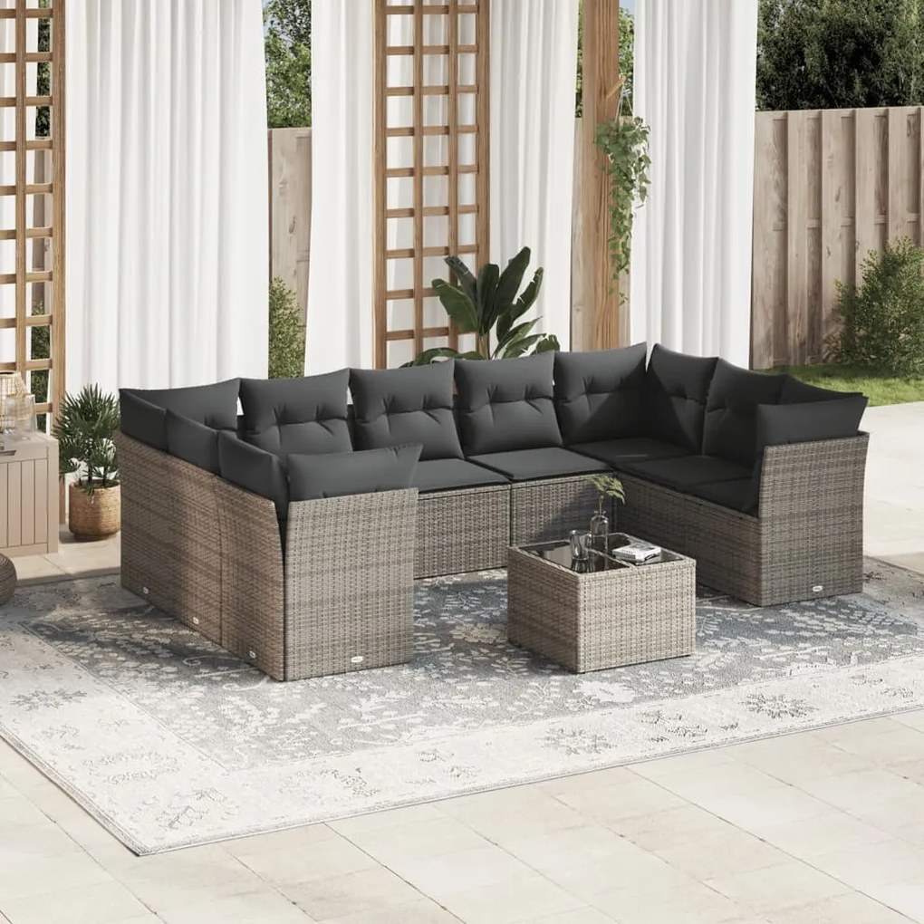 10 pcs conjunto sofás de jardim c/ almofadões vime PE cinzento