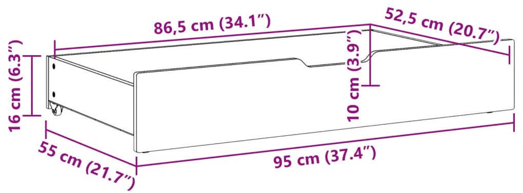 Gavetas para cama com rodas 2 pcs 95x55x16 cm pinho maciço