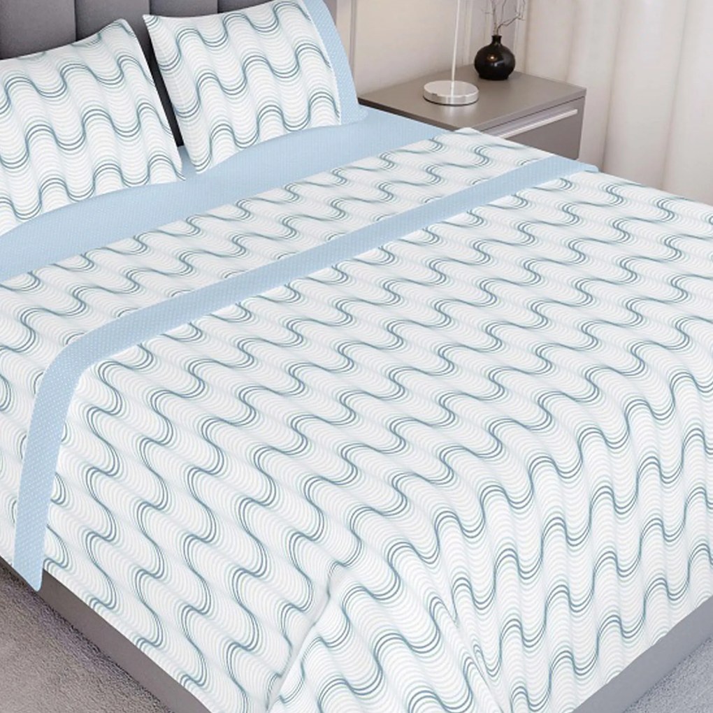 Jogo Cama Algodão Casal Azul Ondas 260X290cm