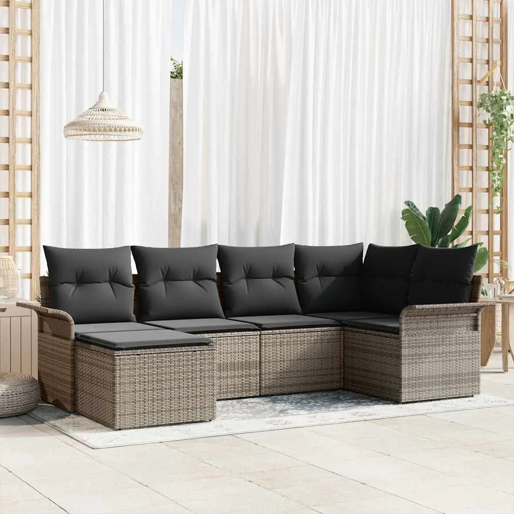 Conjunto de Sofás de Jardim 6 Peças com Almofadas Cinza Rattan Poly
