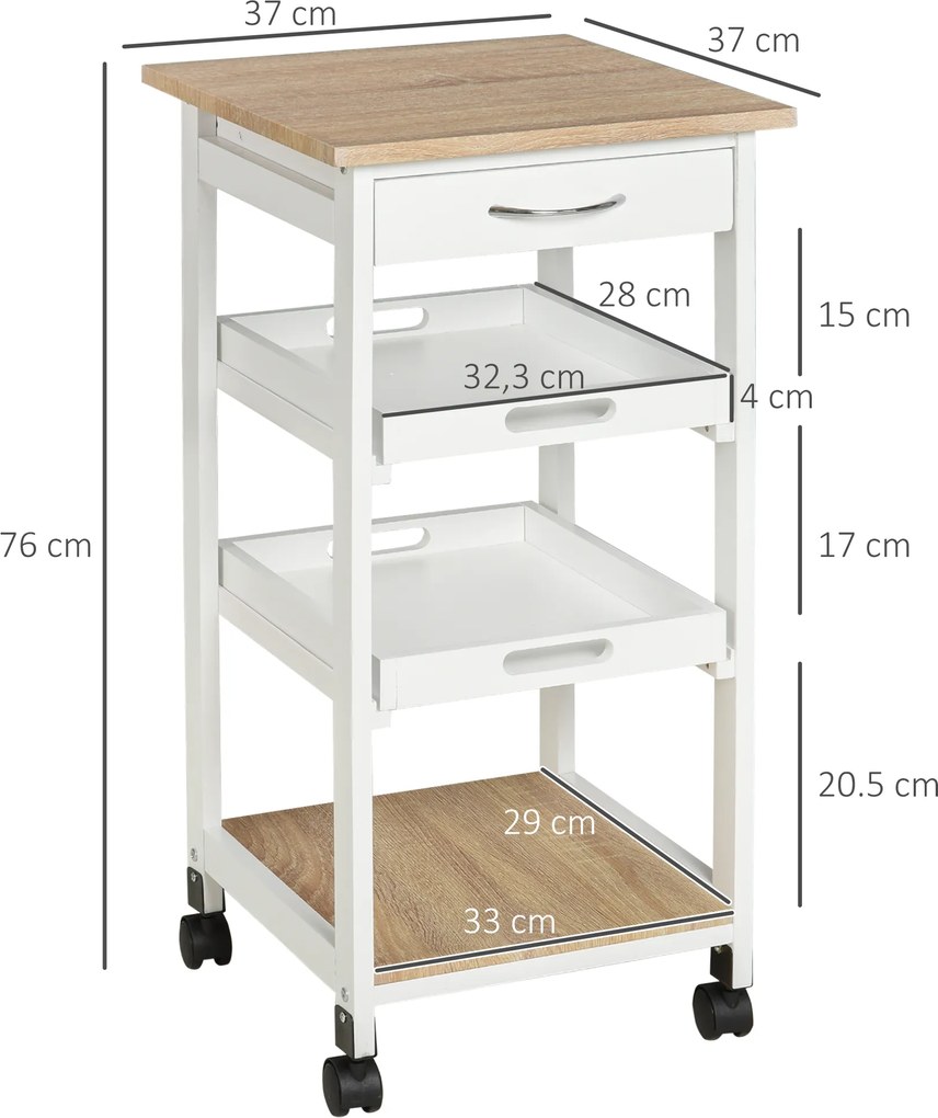 Carrinho de serviço de cozinha com rodas, 2 tabuleiros removíveis, gaveta e prateleira em carvalho claro e pinho branco