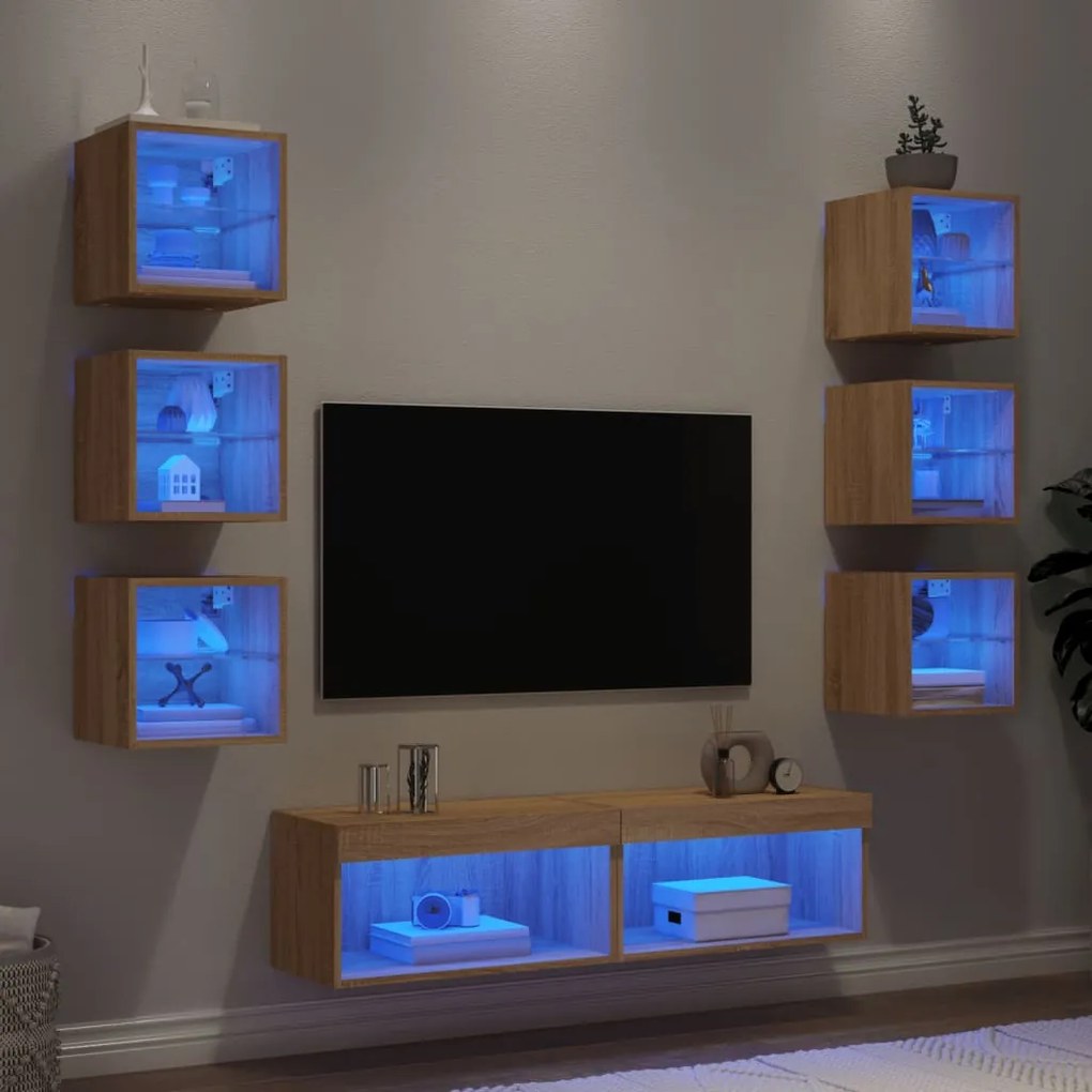 vidaXL 8pcs móveis parede p/ TV c/ LEDs deriv. madeira carvalho sonoma
