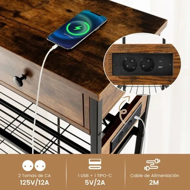 Mesa Consola 81 x 30 x 81 cm Hall de Entrada com Estação de Carregamento e Tomadas USB com Gavetas Prateleiras para Sofá Castanho