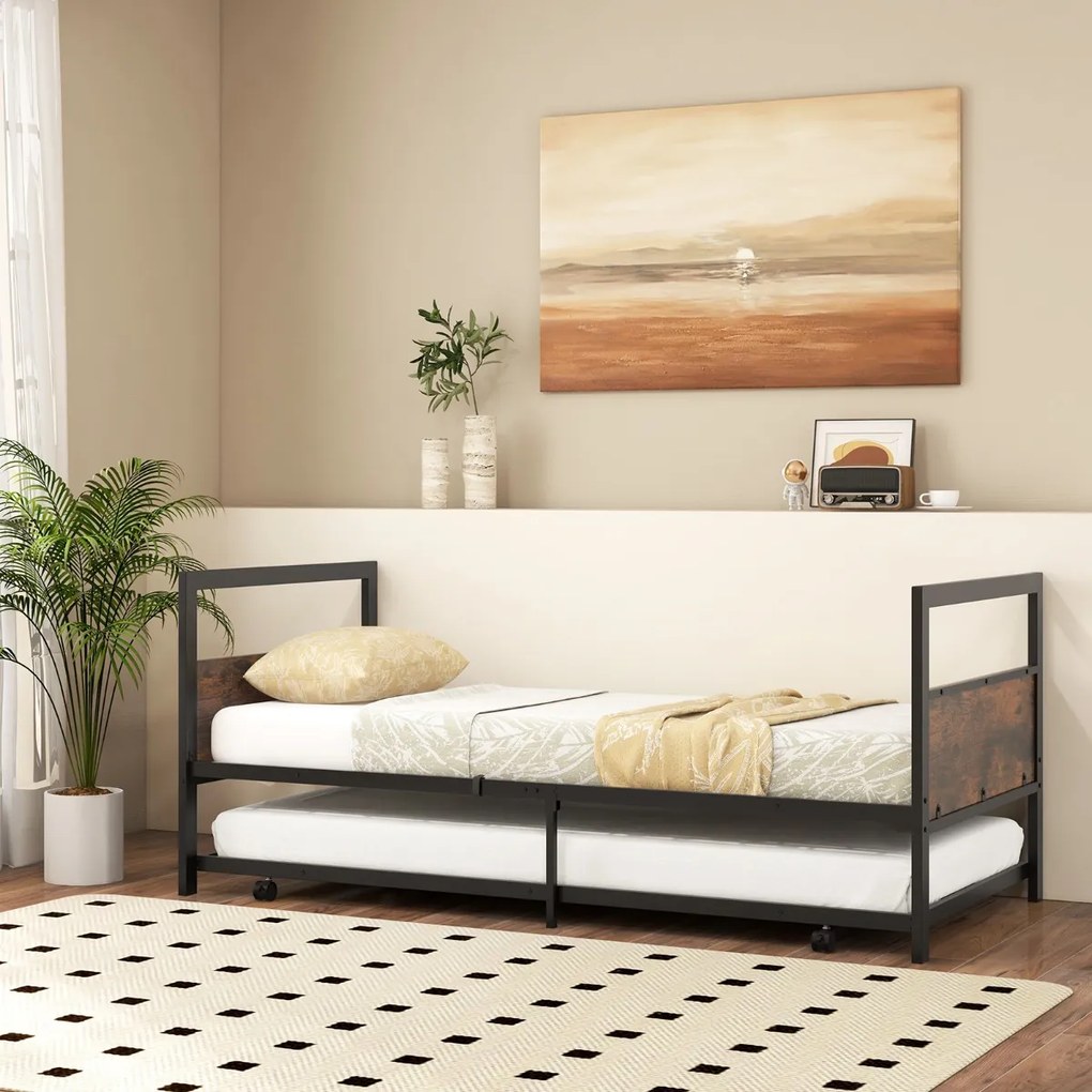 Cama de solteiro de metal 90 x 200 CM com cabeceira e estribo Pernas dobráveis Estrutura de cama com ripas de metal Castanho