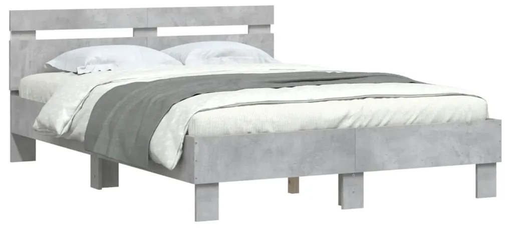 Estrutura cama cabeceira e luzes LED 135x190cm cinzento cimento