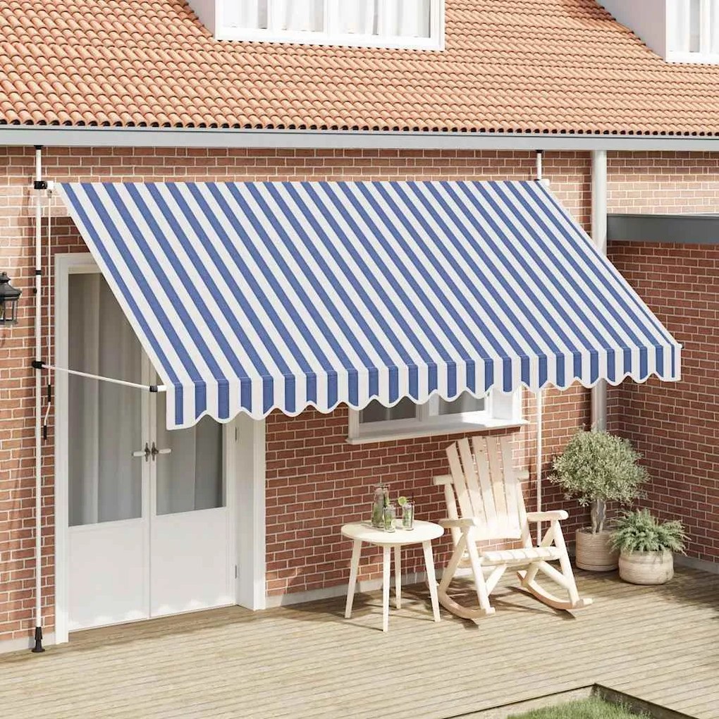 Toldo retrátil manual 400 cm riscas azuis e brancas