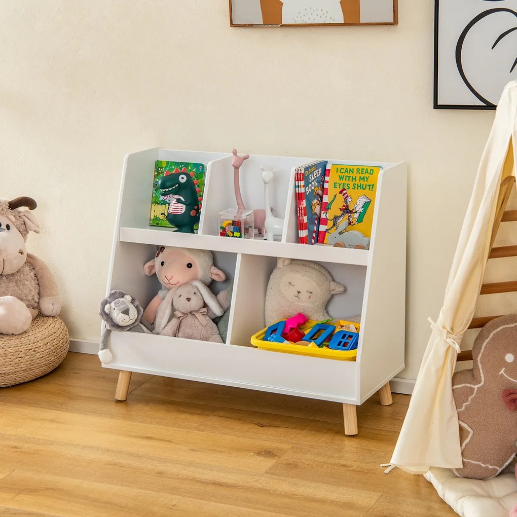 Organizador de brinquedos de 5 compartimentos para crianças Baú de 2 níveis com pernas de madeira Kits anti-queda Estante aberta para crianças Branco