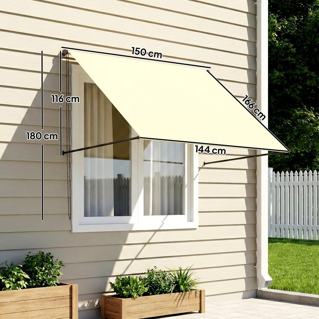 Toldo manual retrátil com inclinação ajustável, 150 x 116 cm, proteção UV, alumínio e poliéster, cor creme
