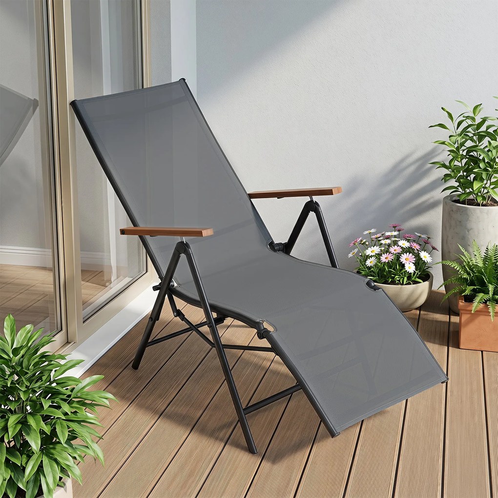 Espreguiçadeira de Jardim Dobrável, 57 x 72-138 x 91-110 cm, Encosto Ajustável em 5 Posições, Cinzento