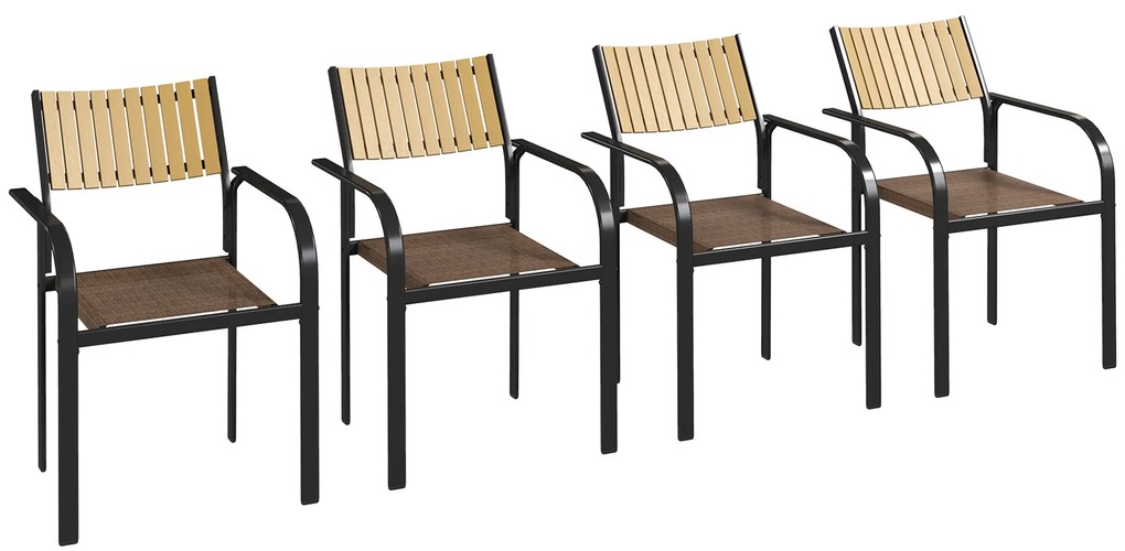 Outsunny Conjunto de 4 Cadeiras de Jardim Empilháveis Cadeiras de Jantar com Tecido Transpirável Apoios de Braço 58x65x85 cm Marrom