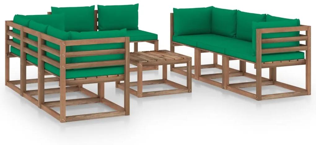 9 pcs conjunto lounge para jardim com almofadões verdes