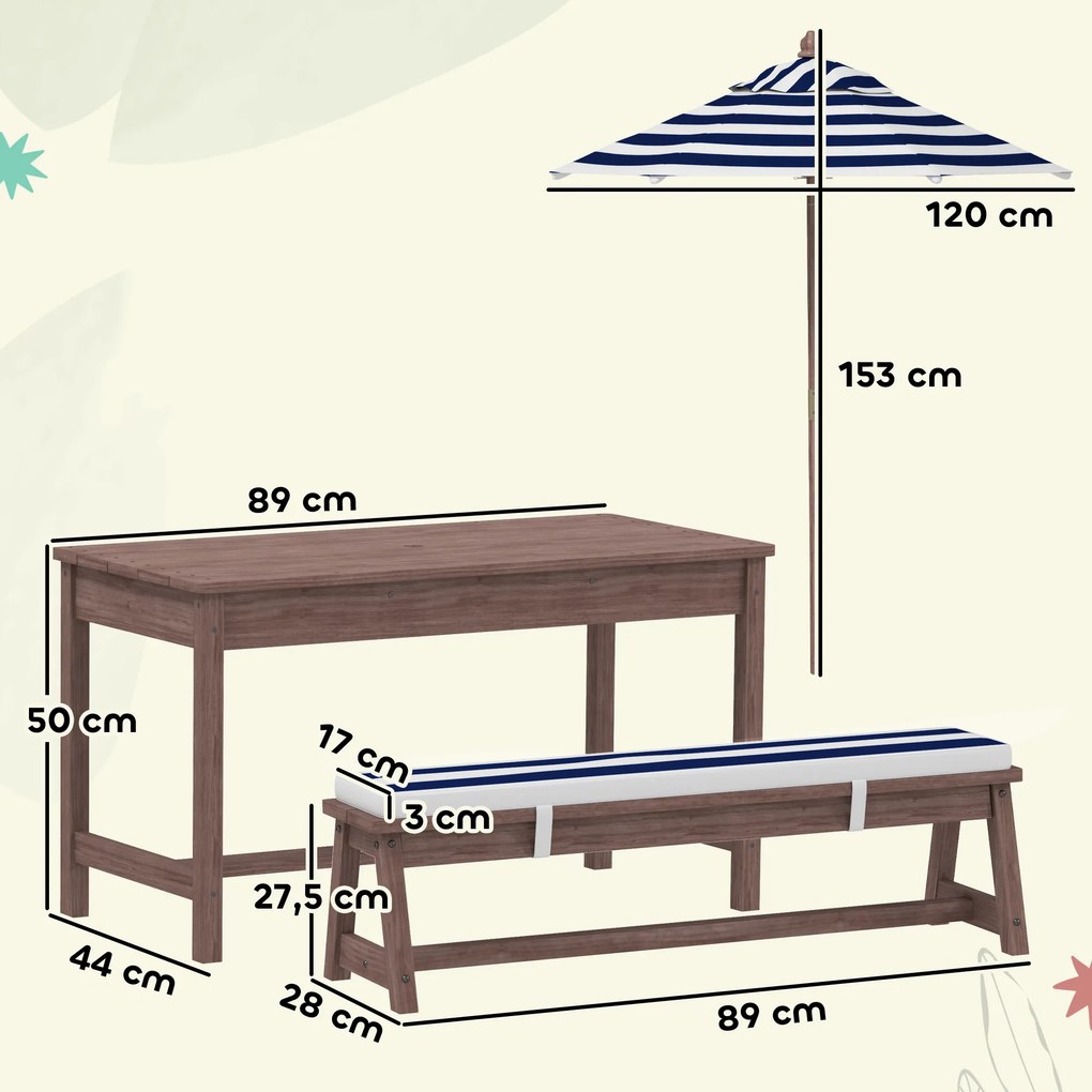 Conjunto de mobiliário de jardim para crianças, com almofadas e guarda-sol amovível, às riscas em azul-marinho e branco