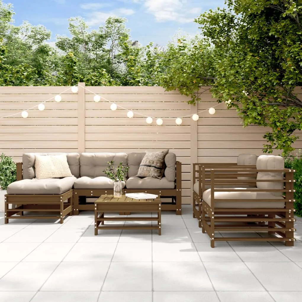vidaXL 7pcs conj. lounge jardim+almofadões madeira maciça castanho-mel