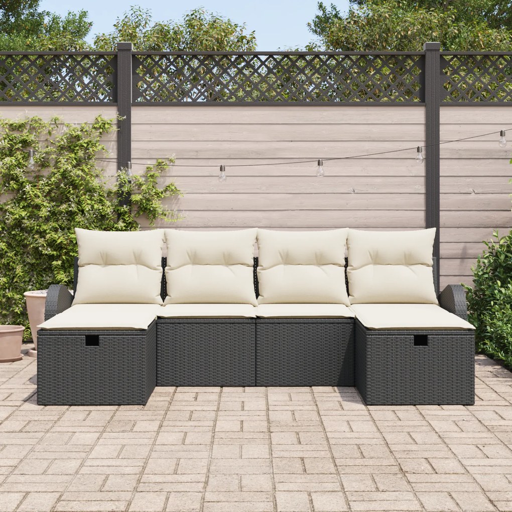 Conjunto de Sofá de Jardim de 6 Peças com Almofadas Preto Rattan Poliv