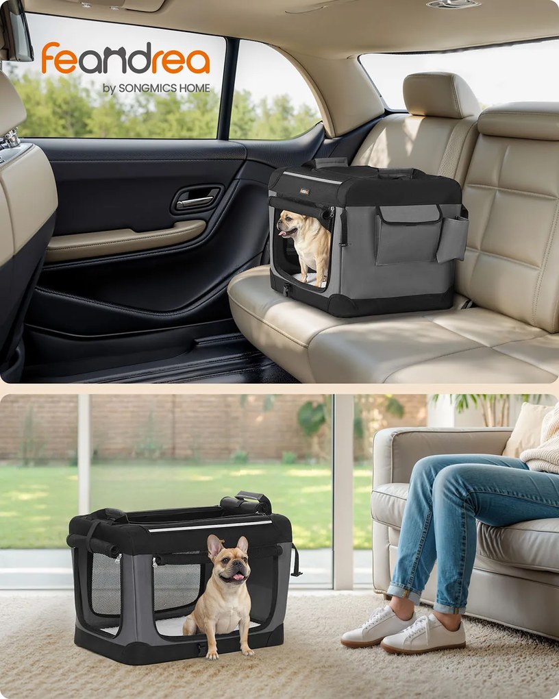 Transportadora dobrável para animais estimação 60 x 42 x 42 cm com 4 portas em tecido de rede Preto