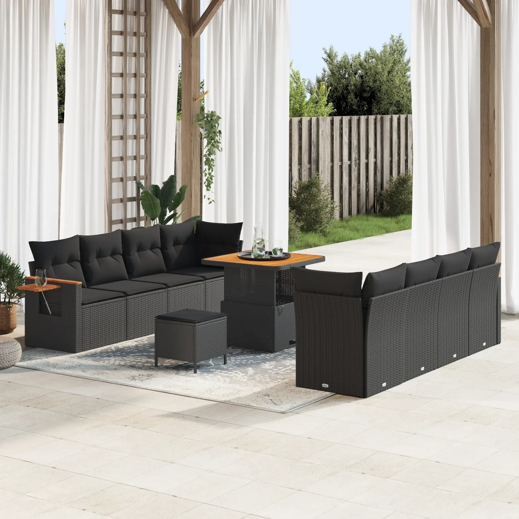 vidaXL Conjunto de Sofá de Jardim de 11 Peças com Almofadas Rattan Poly Preto Acácia