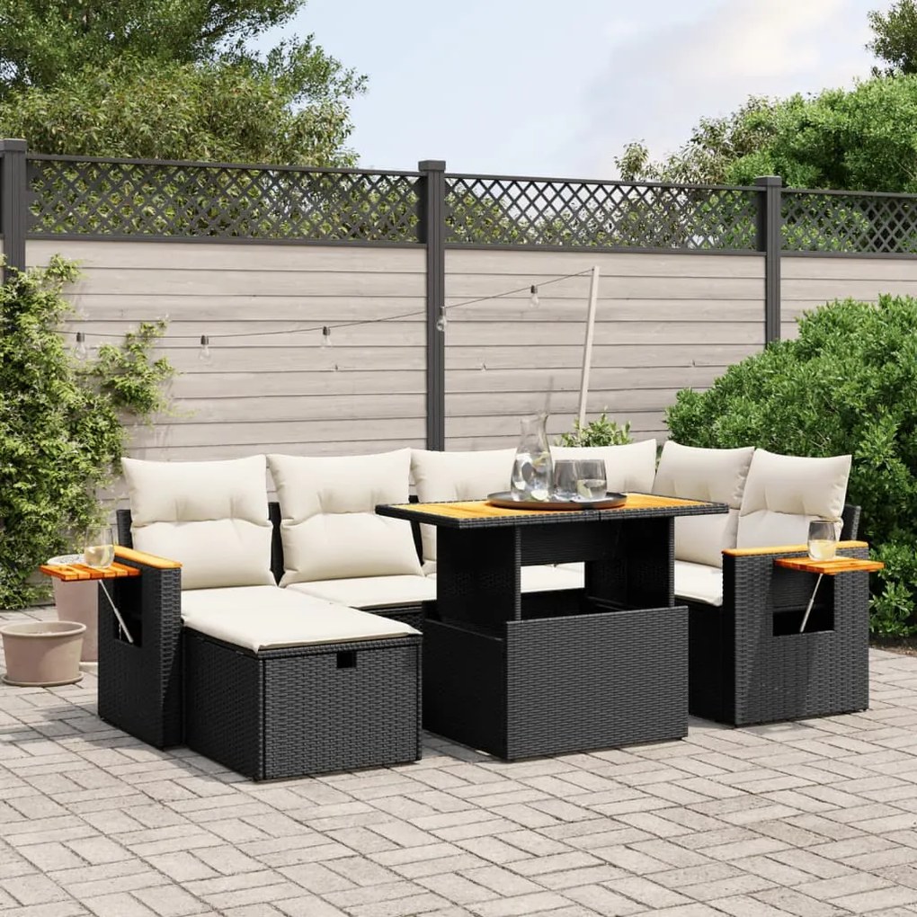 7 pcs conjunto de sofás p/ jardim c/ almofadões vime PE preto