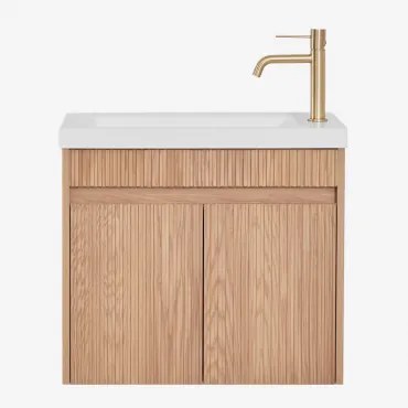 Conjunto De Móvel De Casa De Banho Suspenso Em Madeira Com Lavatório Integrado Narek Castanho Fresno & Sem Espelho & Dourado - Sklum