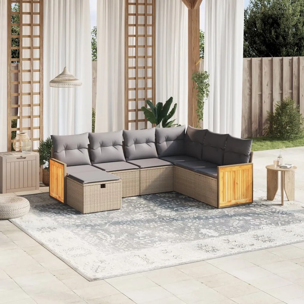 7 pcs conj. sofás jardim c/ almofadões vime PE bege misturado