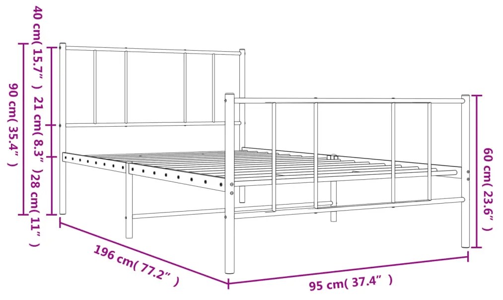 Estrutura de cama com cabeceira e pés 90x190 cm metal preto