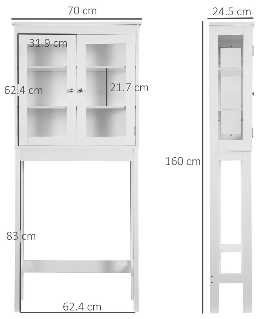 Armário de banheiro sobre vaso sanitário Armário alto para máquina de lavar com portas de vidro e prateleira interna ajustável 70x24,5x160 cm Branco