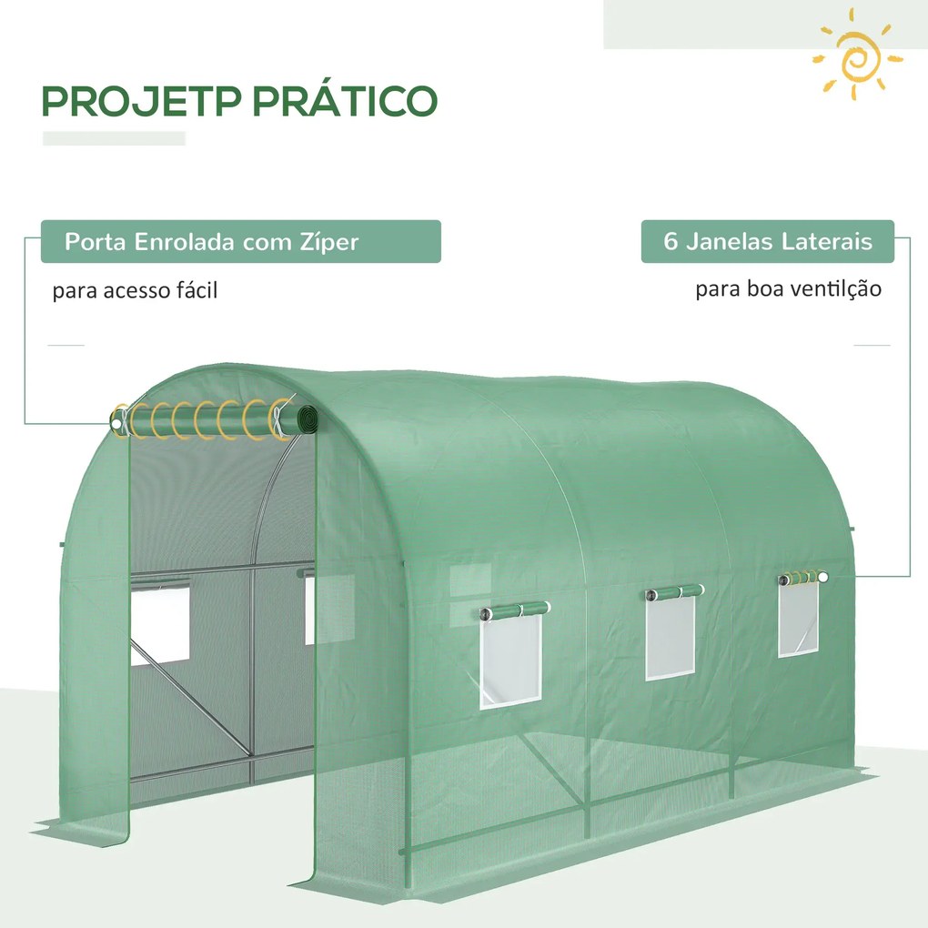 Estufa Tipo Túnel de Jardim 350x200x200cm Estufa de Jardim com 6 Janelas Respiráveis e Porta Enrolável com fecho para Cultivo de Plantas e Verduras Ve