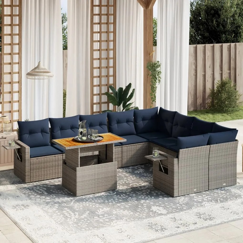 vidaXL 10 pcs conjunto sofás p/ jardim c/ almofadões vime PE cinzento