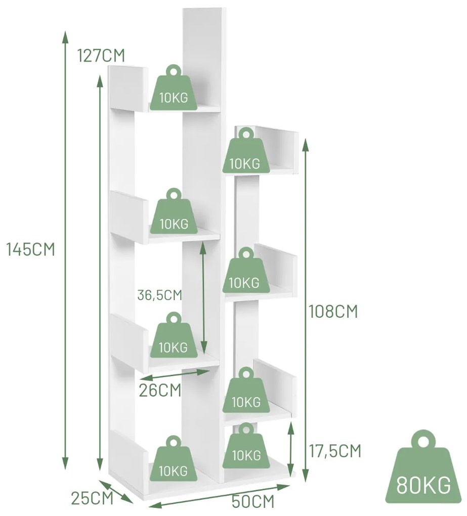 Estante Sala em formato árvore com 8 prateleiras, dispositivo anti-queda, organizador para sala, quarto, 50 x 25 x 145 cm Branco
