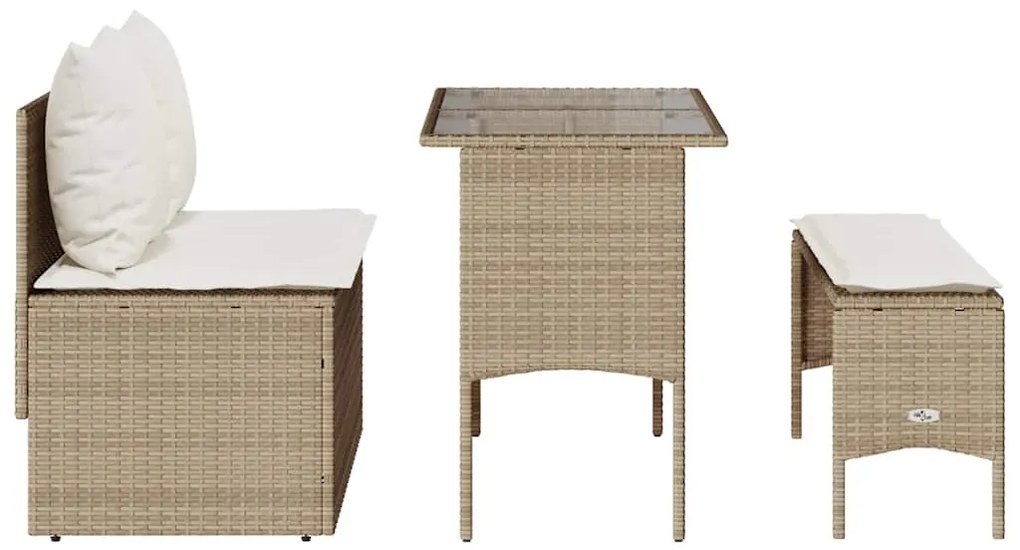 3 pcs conjunto de jantar p/ jardim com almofadões vime PE bege