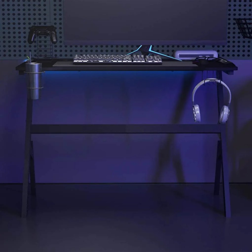 Secretária de gaming c/ luzes LED forma de Y 110x60x75 cm preto
