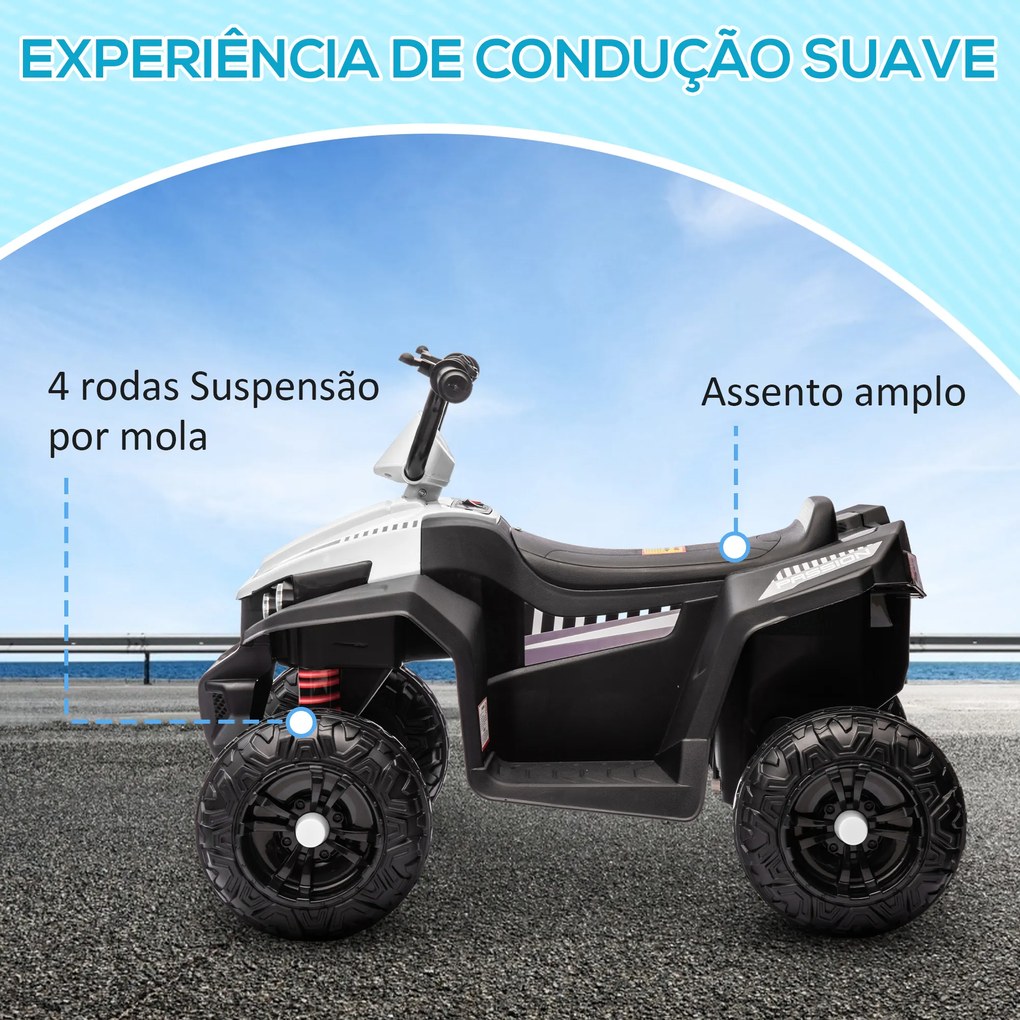 Moto 4 Elétrica para Crianças com Bateria 12V Faróis e Música Carga 30 kg 85x55,5x62 cm Branco