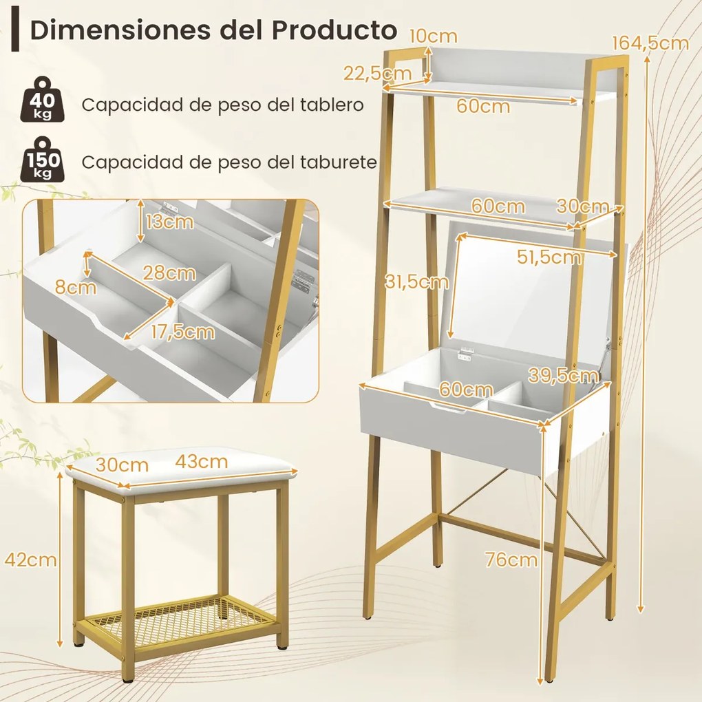 Toucador maquiagem em formato de escada com cadeiras de painel duplo, compartimentos ocultos e banco acolchoado Branco + Dourado