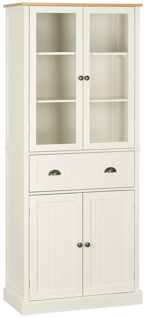 HOMCOM Armário de Cozinha com 2 Portas de Vidro 1 Gaveta e Prateleira Ajustável Móvel Auxiliar de Cozinha 76x40x182,5cm Creme | Aosom Portugal